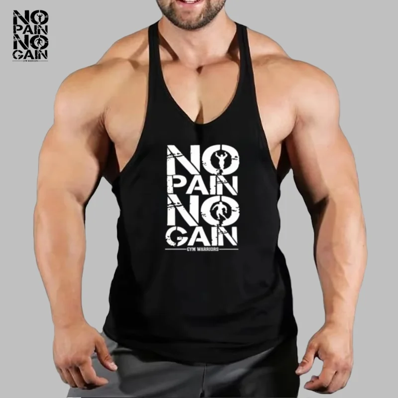 

Men's Bodybuilding Stringer Vest -Sportswear for Fitness, Gym Clothing Sleeveless Shirt & Muscle Vest with No Pain No Gain Print