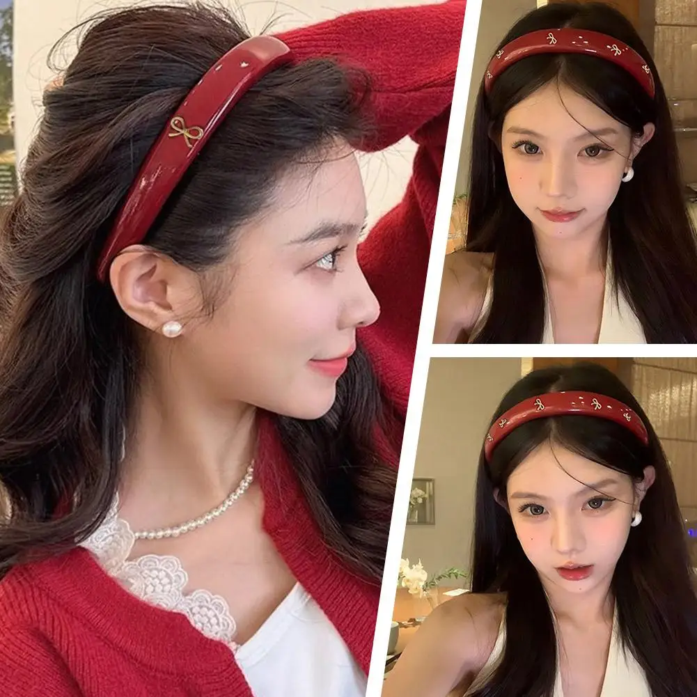 High-end Red PU Leather Festive Atmosphere Golden Bow Headband New Hairpin Headband Going Temperament Accessories Daily Out F8N7