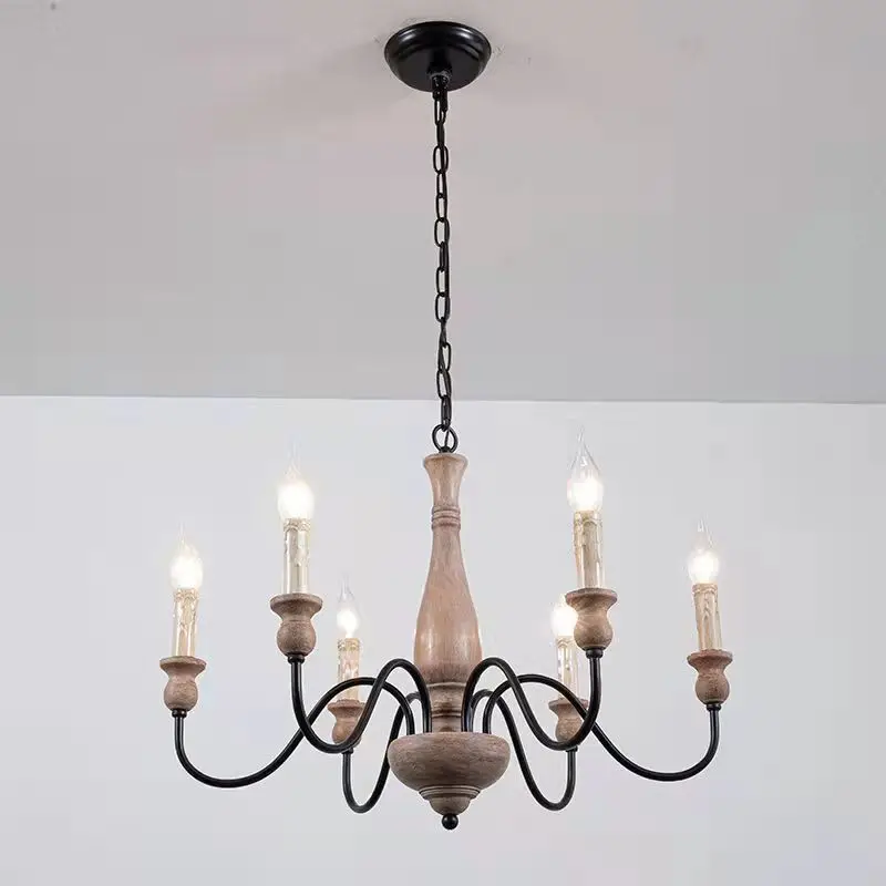 Loft American Vintage Chandelier Solid Wood Dining Table Light Creation French Home E14 Candle Light Bedroom Pendant Lamp