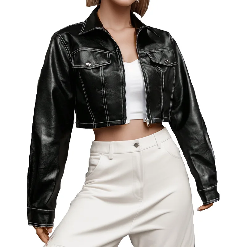 2024 Women's Autumn Fashion, Lapel, Zipper Sewn White Line, Short PU Leather Jacket