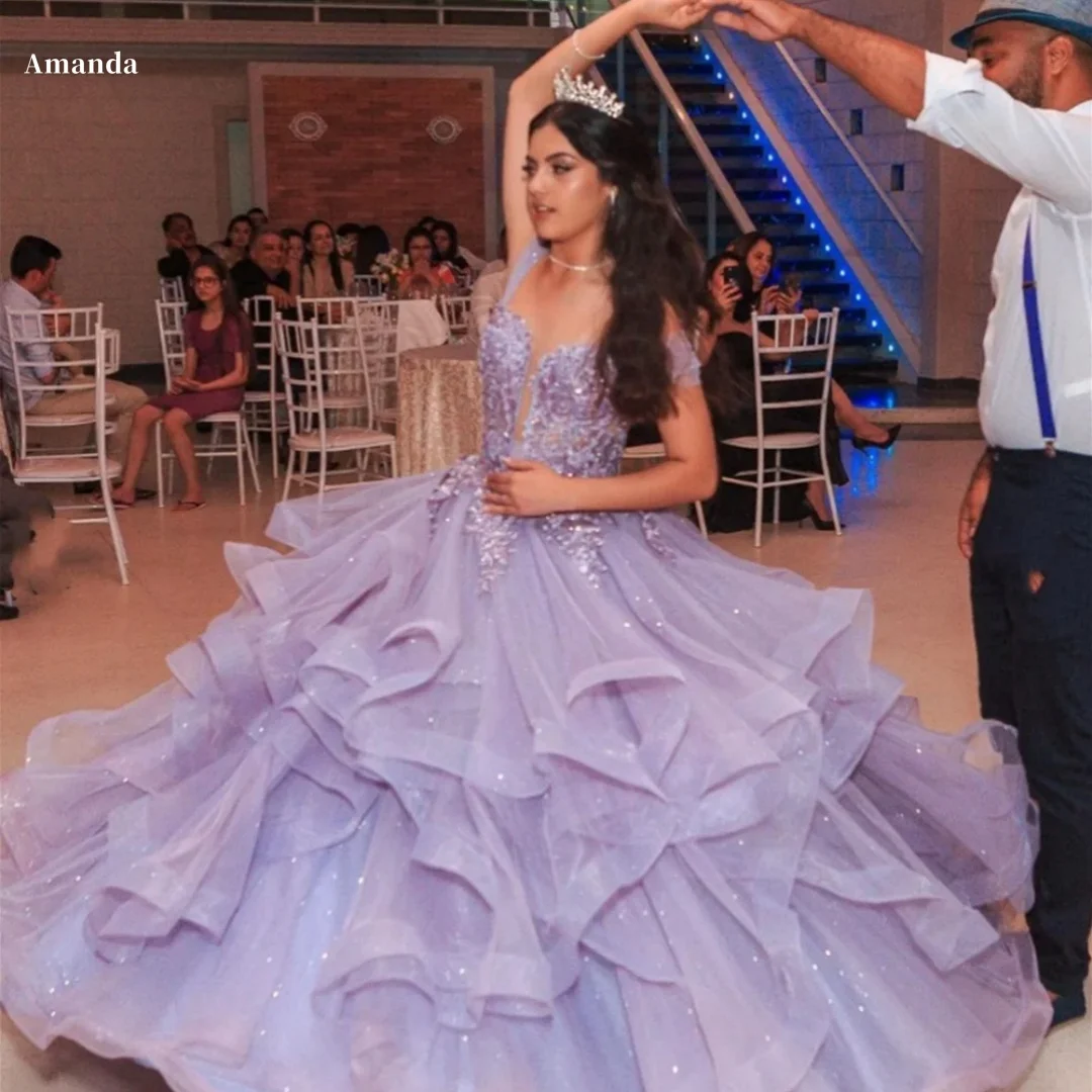 Amanda Customized Purple Sequin Prom Dress Multi-Layered vestidos de noche Off The Shoulder Floor-Length Formal Evening 2025