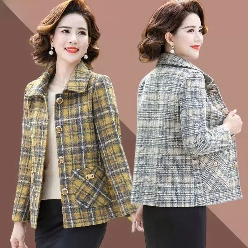 

Весенне-осенний высококачественный шерстяной костюмный жакет, модный, в клетку, больших размеров, для женщин среднего и старшего возраста