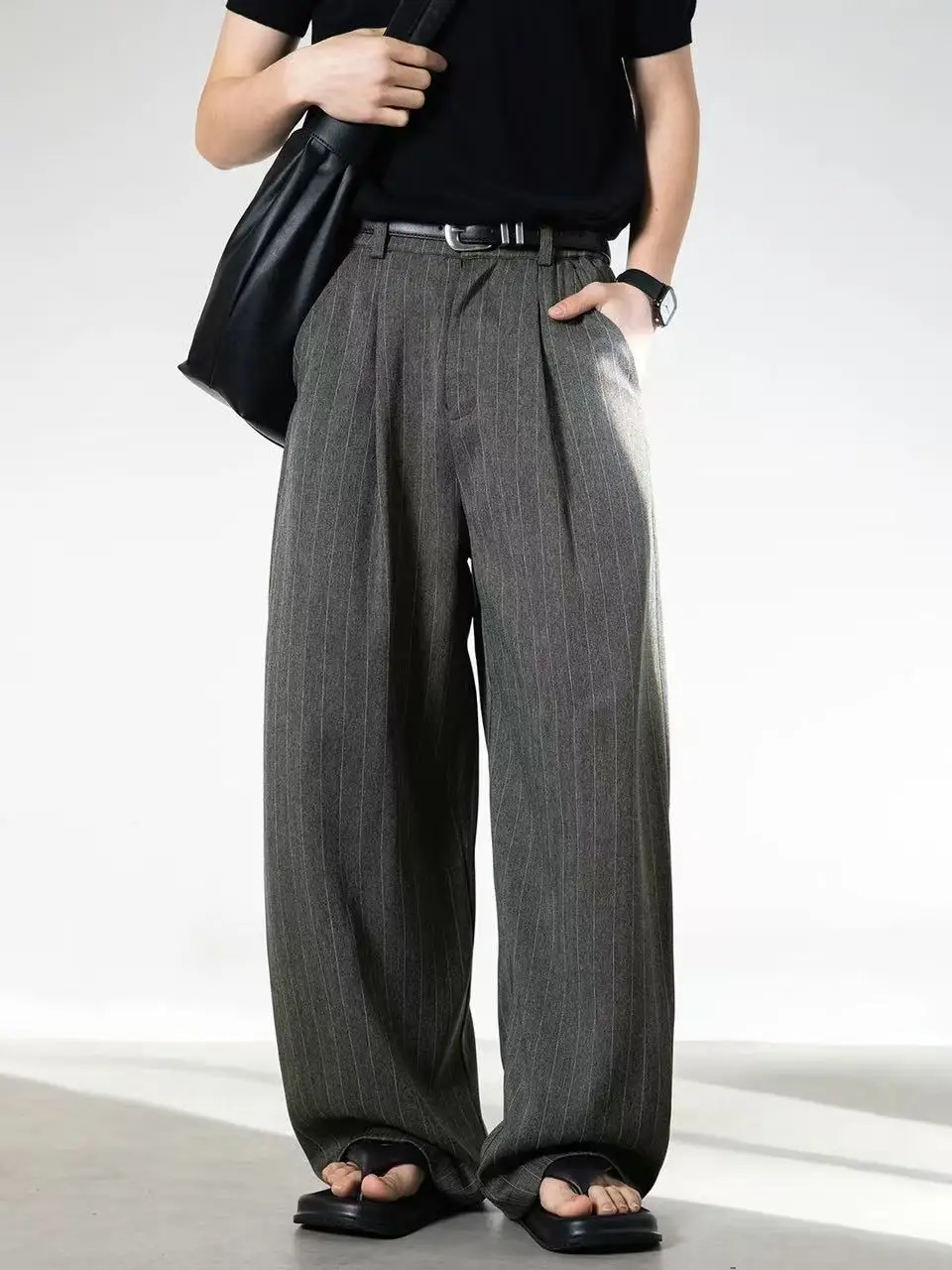 American Retro Men's Straight Leg Pants Vertical Stripes Drapey Floor-Length Casual Trousers Spring Summer High-End Feeling