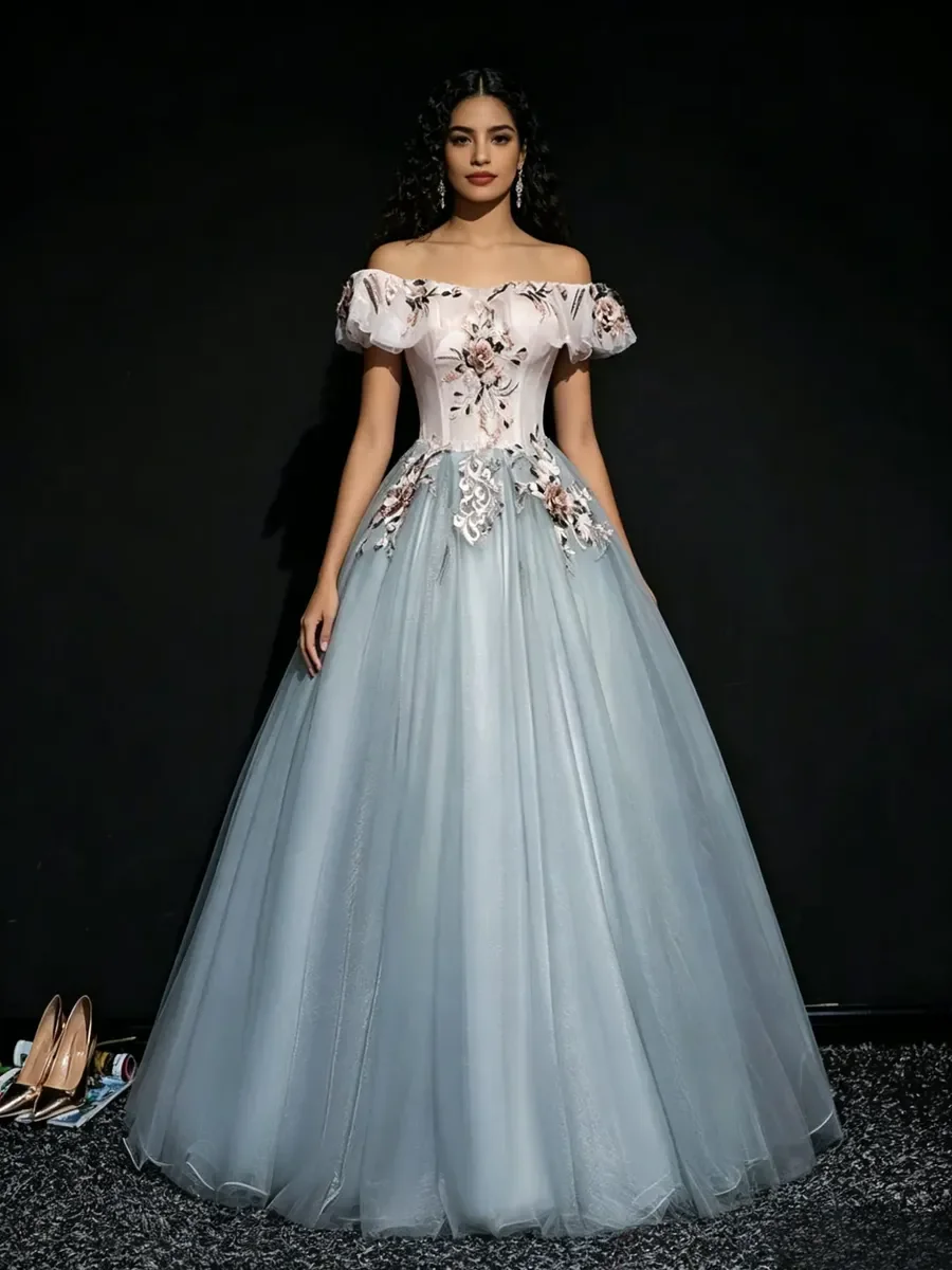 Dusty Blue Off Shoulder Floral Tulle Ball Gown Corset Lace Up Back Quinceanera Graduation Wedding Guest Host Evening Dress