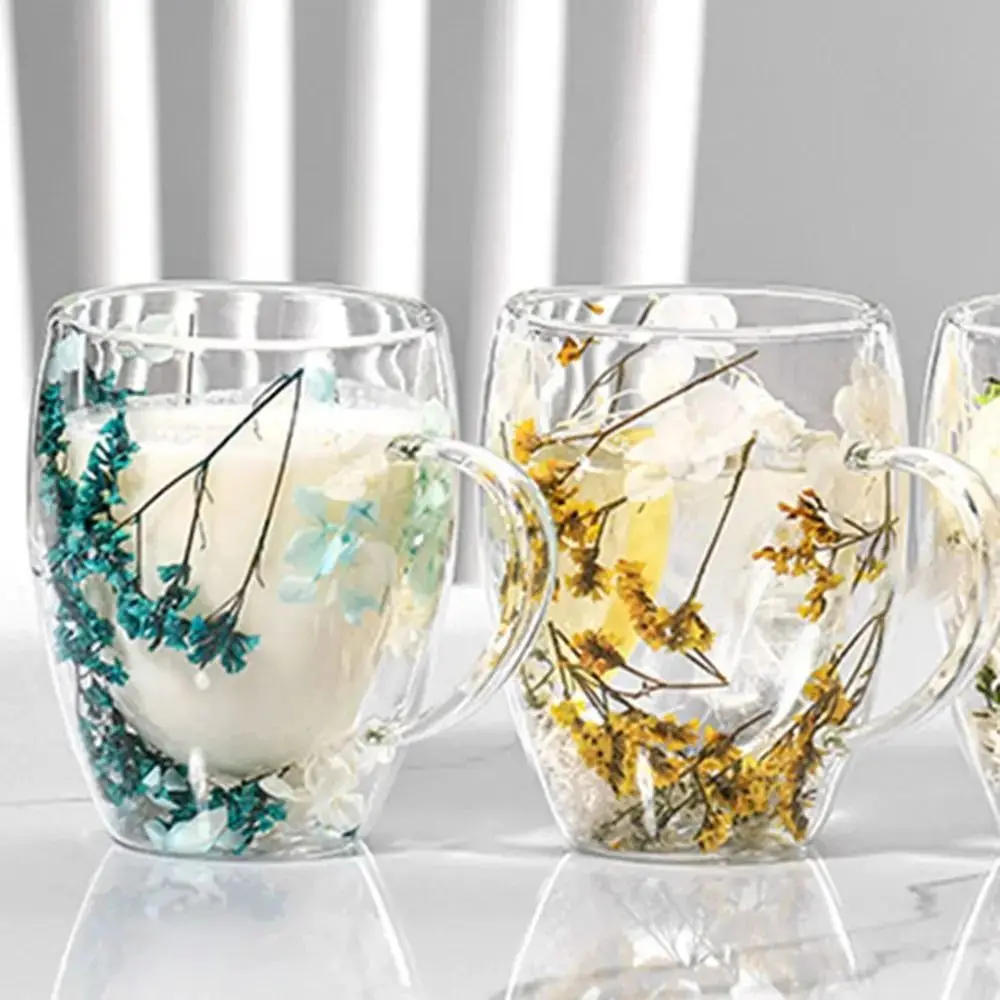 Double-layer Dried Flower Mug Diverse with Handle Clear Glass Cups Real Dried Flower Filler Heat Resistant