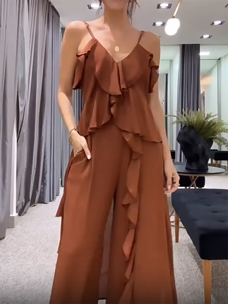 Set da due pezzi con top corto con cinturino per spaghetti, completo chic patchwork con stampa estiva da donna, pantaloni a gamba larga con fasciatura 2025 Abiti da donna