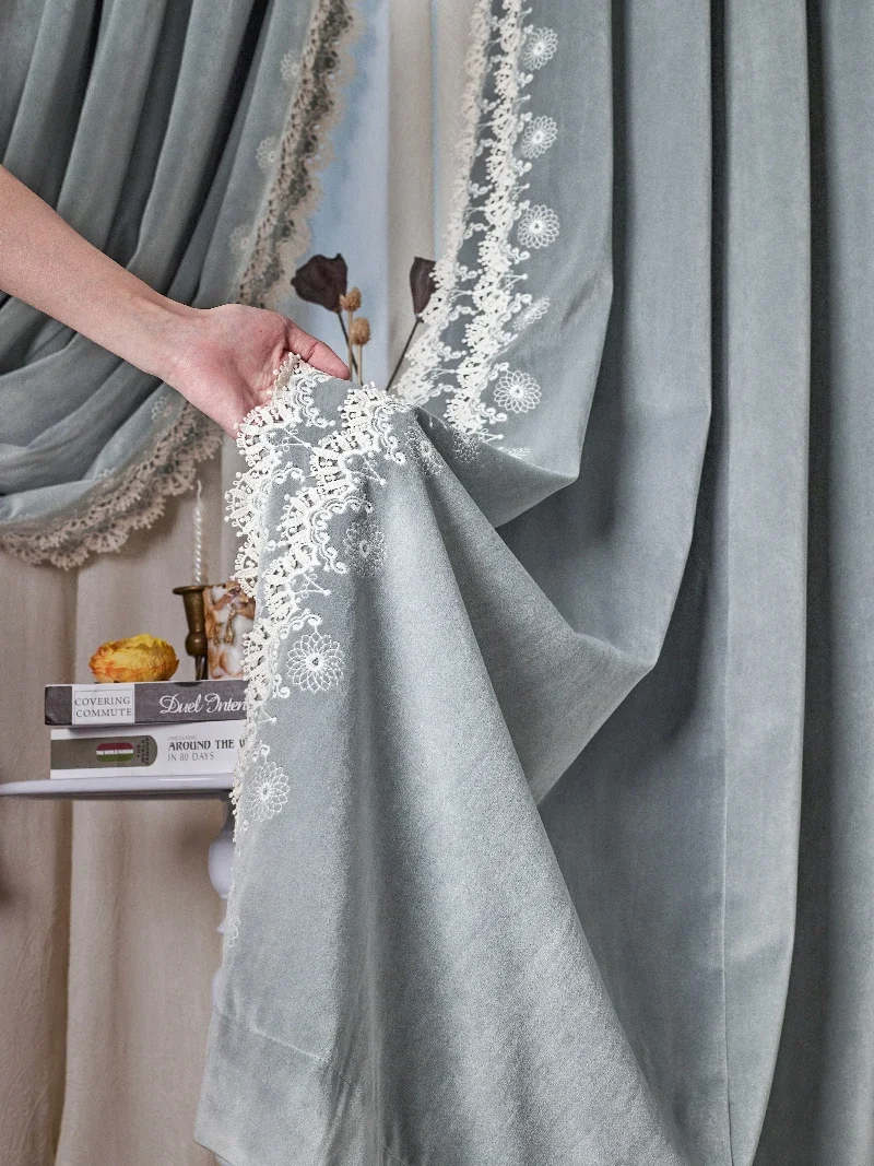 Lace Blue Grey Embroidery Velvet Thickened Blackout Curtains For Living Room Bedroom French Window Balcony Villa Customized