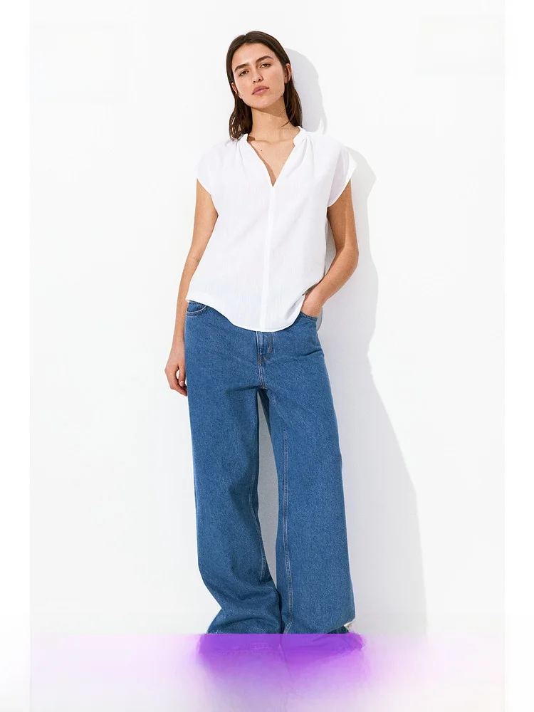 

Loose Short Sleeve Women's Shirt Minimalist V-Neck Casual Style Comfortable Feeling Chinese Style Stand Collar Simple Design