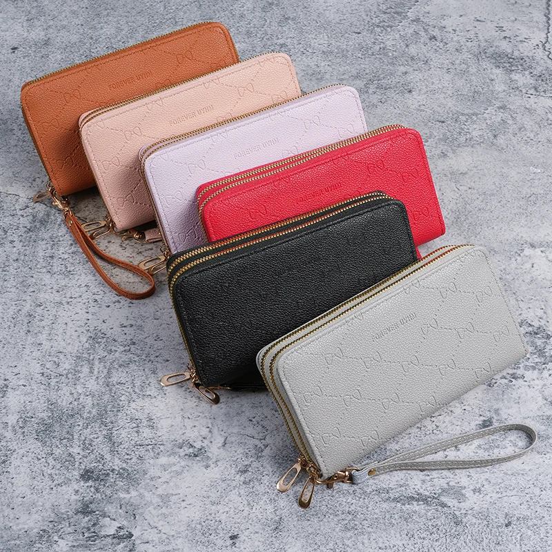 Litchi pattern lady mobile wallet double zipper large capacity purse multi-function mobile phone bag