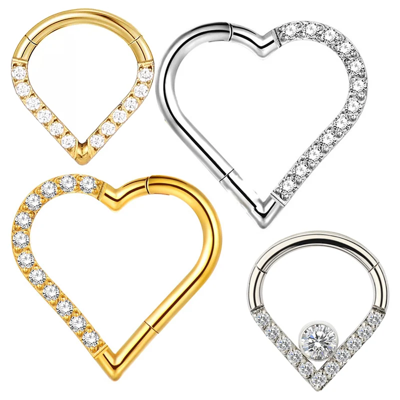 G23 Titanium Hinged Clicker Ear Nose Ring Cartilage Ear Tragus Heart Shape Segment with CZ Pave Face Daith Piercing Body Jewelry