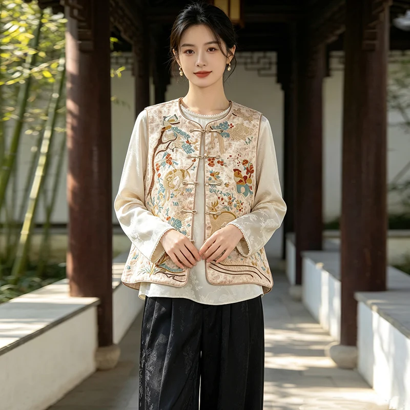 New Chinese Style Heavy Embroidery Autumn Series Open Cardigan Vest Wide Leg Pants Set Improved Design Fashionable Ethnic Wom...