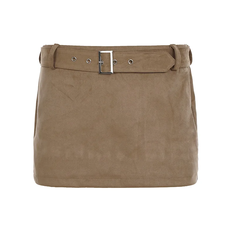 

Autumn New Design Brown Low Waist Suede Belt Hip Skirt Spice Girl Slim Street Skirt Women