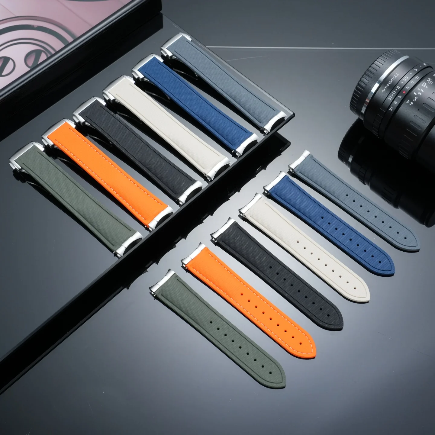 Fluoroelastomer Strap with Curved Steel Ends for Omega Seamaster 215/300/600, 20mm 21mm 22mm Rubber Watch Band Replacement