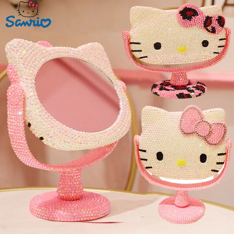 Hello Kitty Vanity Mirror Cartoon Shiny Rhinestones Beauty Handheld Mirror Diamond Pink Girls Flip Girlfriend Birthday Gift Toy