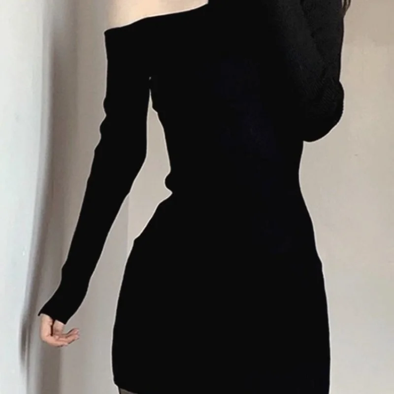 

Knitted Dress Women, Autumn And Winter,, Black Off-Shoulder, Desire Style, Slimming, Elegant Base Sweater, Bod