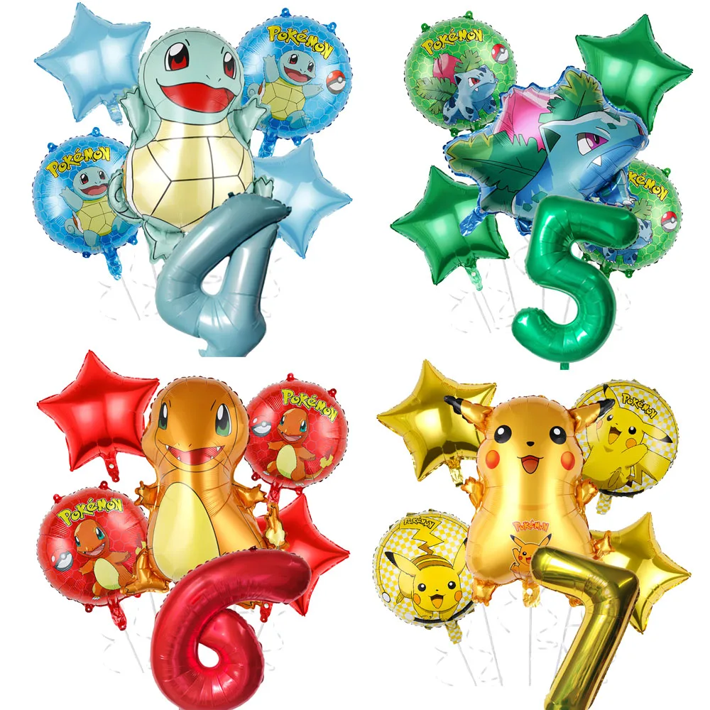 6pcs Cartoon Pokemon Pikachu Theme Foil Balloons Set Red Gold Star Balloon Kids Birthday Party Baby Shower Party Decor Supplies