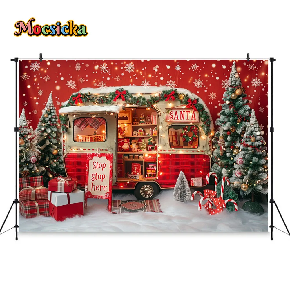 Christmas Photography Background Retro Truck Xmas Tree Forest Snow Backdrop Candy Cane Gift Decor Family Kid Winter Photo Studio