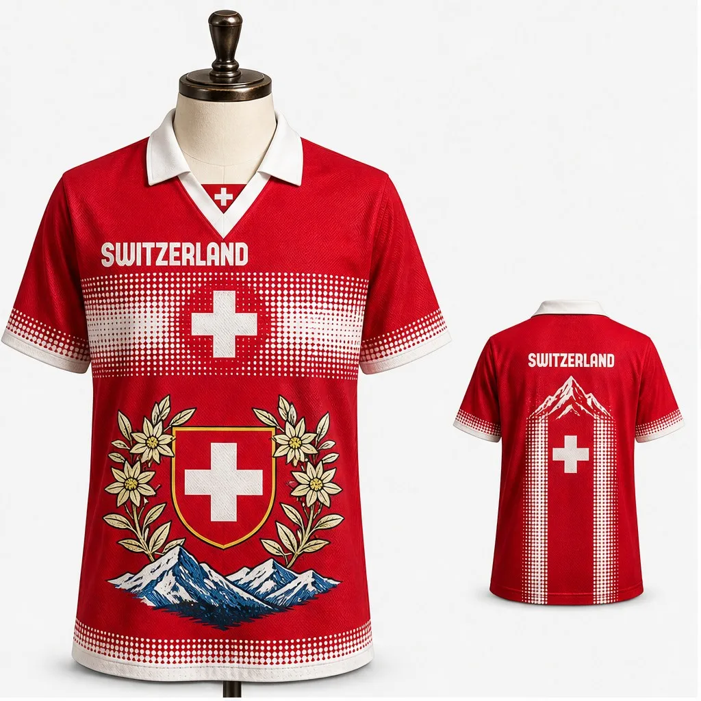 Mens Switzerland Cross Shield Edelweiss Mountain Graphic Semi Polo V Neck T Shirt Short Sleeve Casual Alpine Jersey Top New Wear