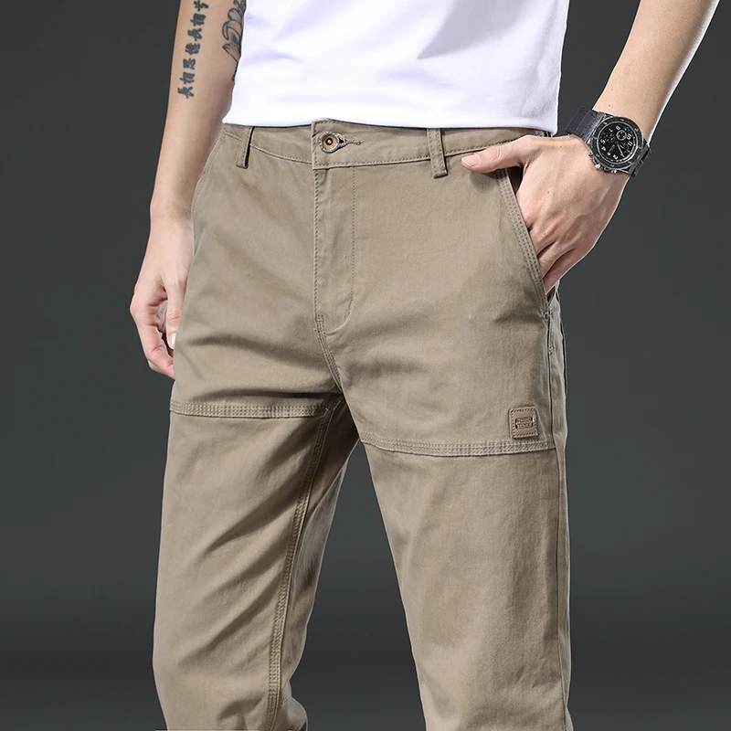 97%Cotton Spring Autumn Men\'s Cargo Pants Slim Korean Casual Straight Trousers Male Solid Color Gray Khaki Brand Clothing