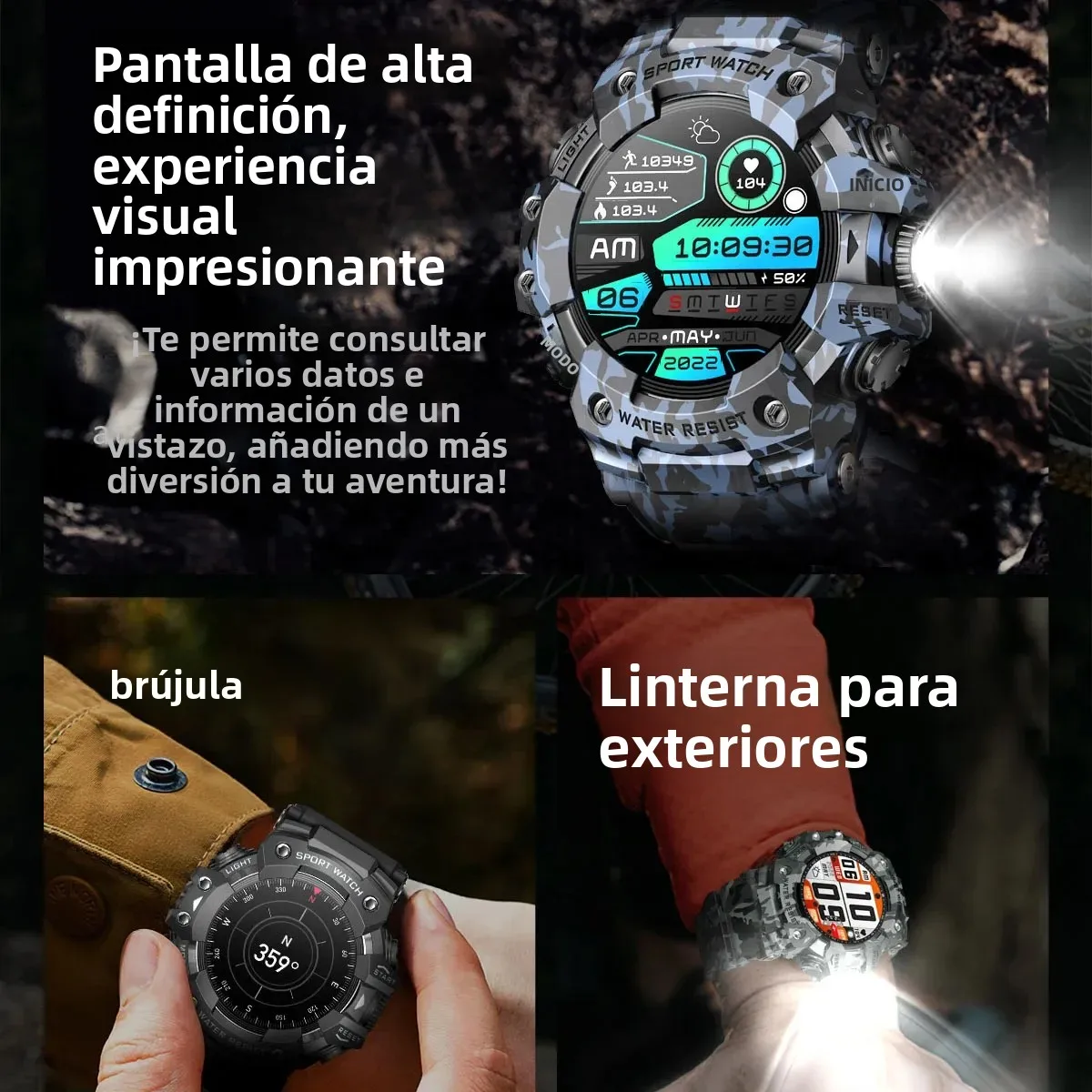 Reloj Inteligente Deportivo para Hombre, Resistente al Agua, con Bluetooth, Llamadas, Brújula, Monitor de Sueño y Salud, Notificaciones, Linterna