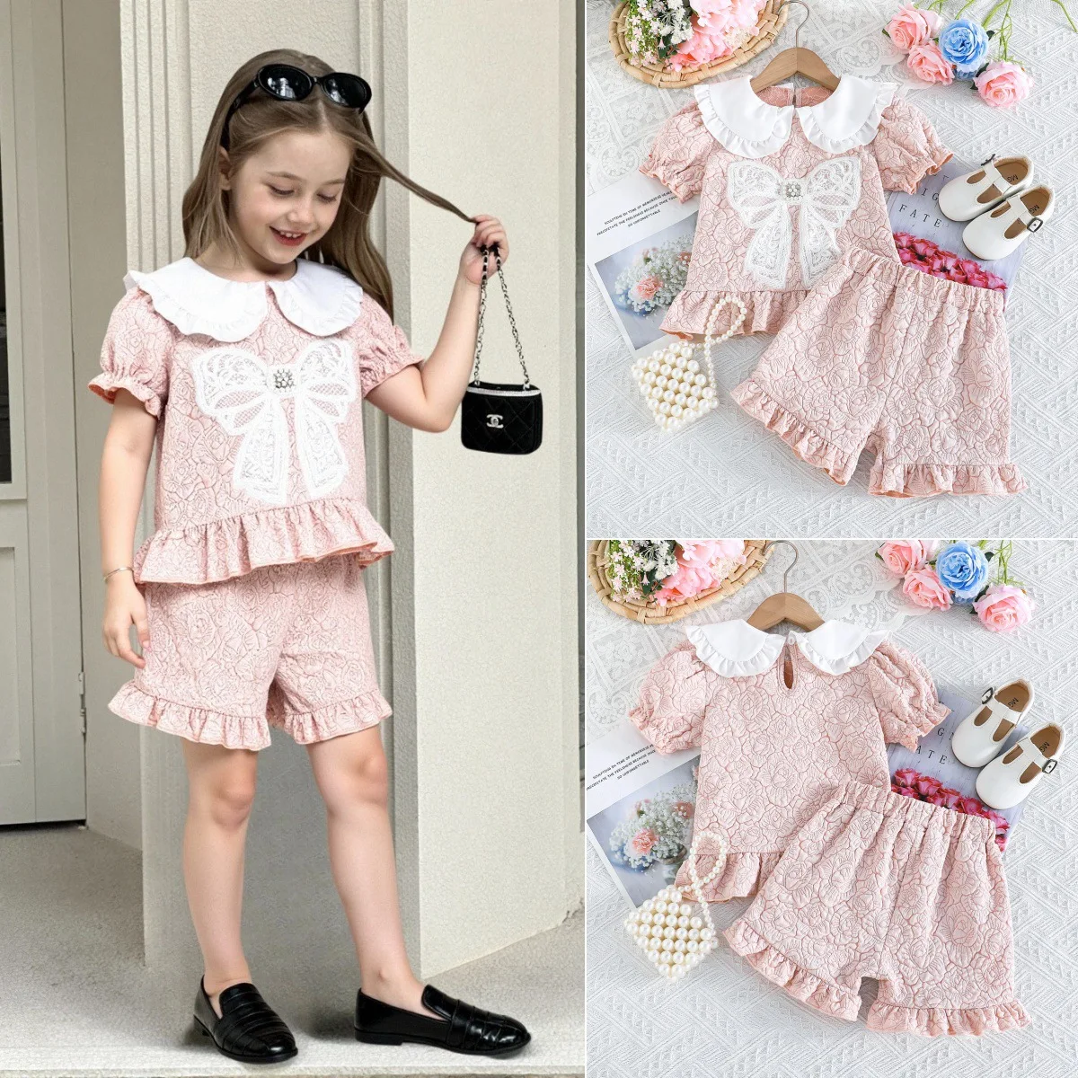 Summer Girls' and Children's Fragrant Style Bubble Sleeve Bow Printed Top Shorts Stylish Set