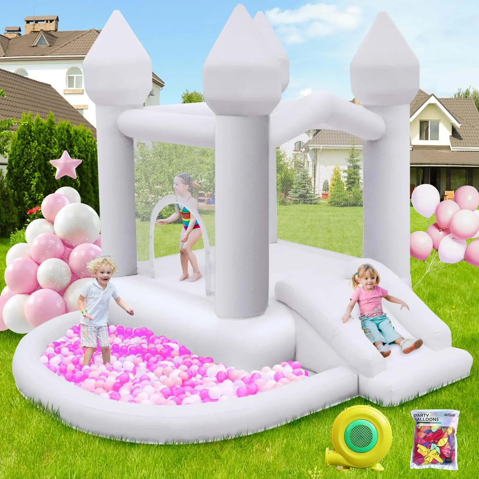 9FT White Bounce House Inflatable Toddler Bouncy House for 3-6Age Kids Party Gift with Blower White Jumper Bouncy Castle Wedding