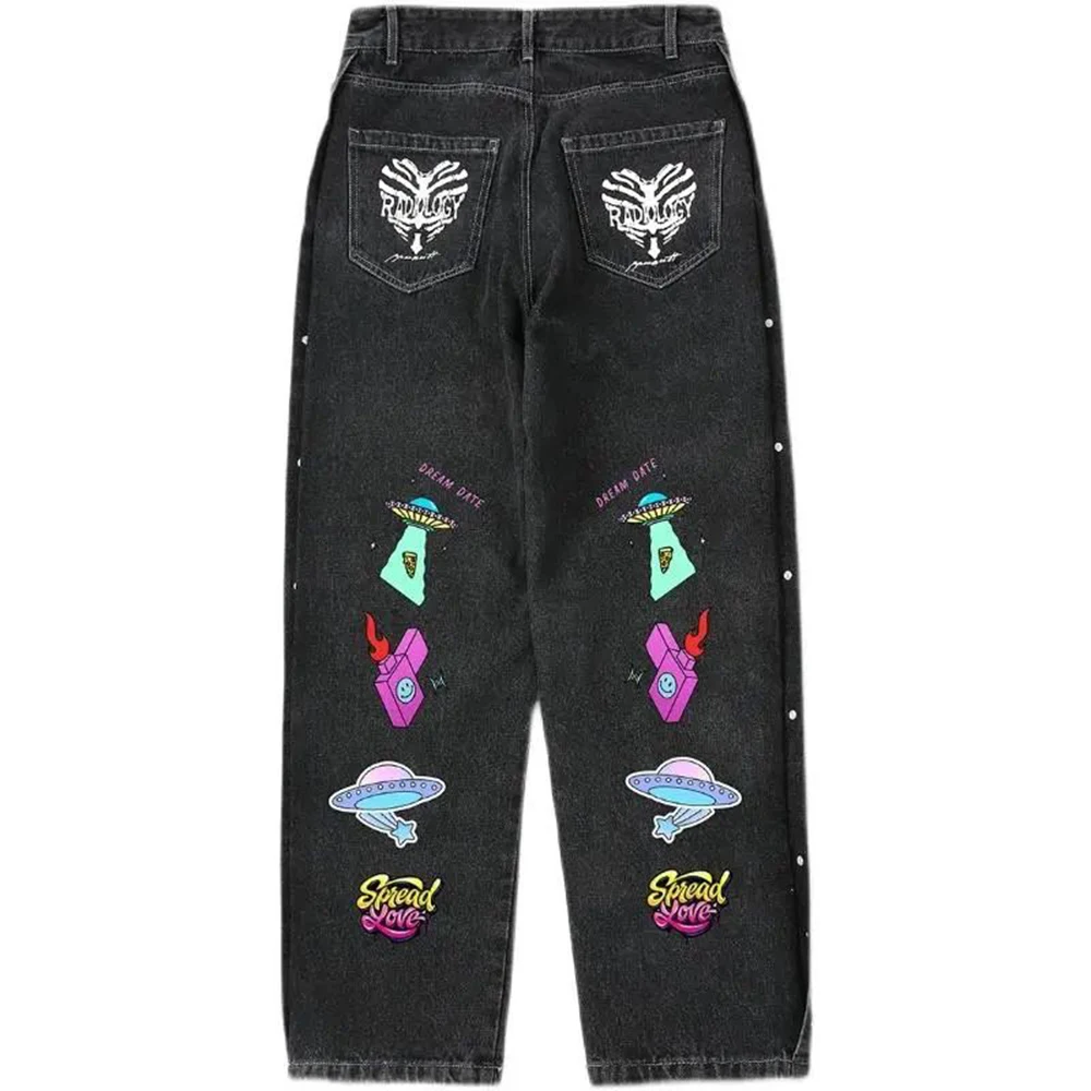 Men Black Denim Pants Fashion Trousers Oversize Cartoon Graffiti Loose Wide Leg Pant Cargo Jeans Streetwear Hip Hop Punk