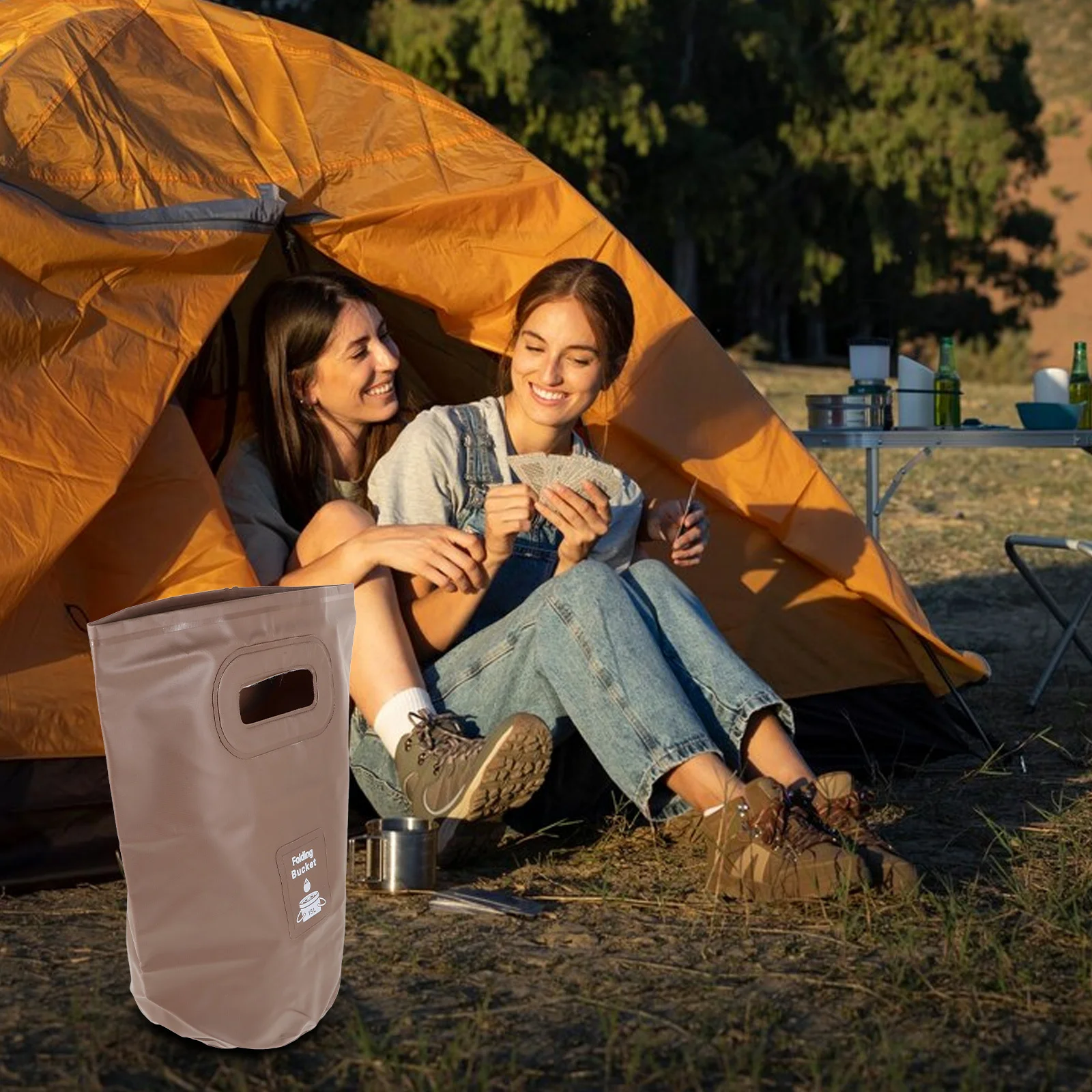 

Convenient Camping Bucket Water Containers Inflatable Khaki Fishing Buckets Travel