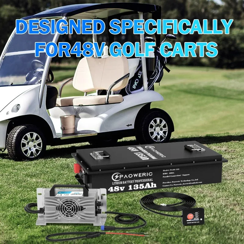 

48V 135Ah LiFePO4 Lithium Battery with Charger, Built-in Smart 200A BMS, with LCD Monitor and APP, Max.10.24KW Power Output, Perfect for Golf Cart