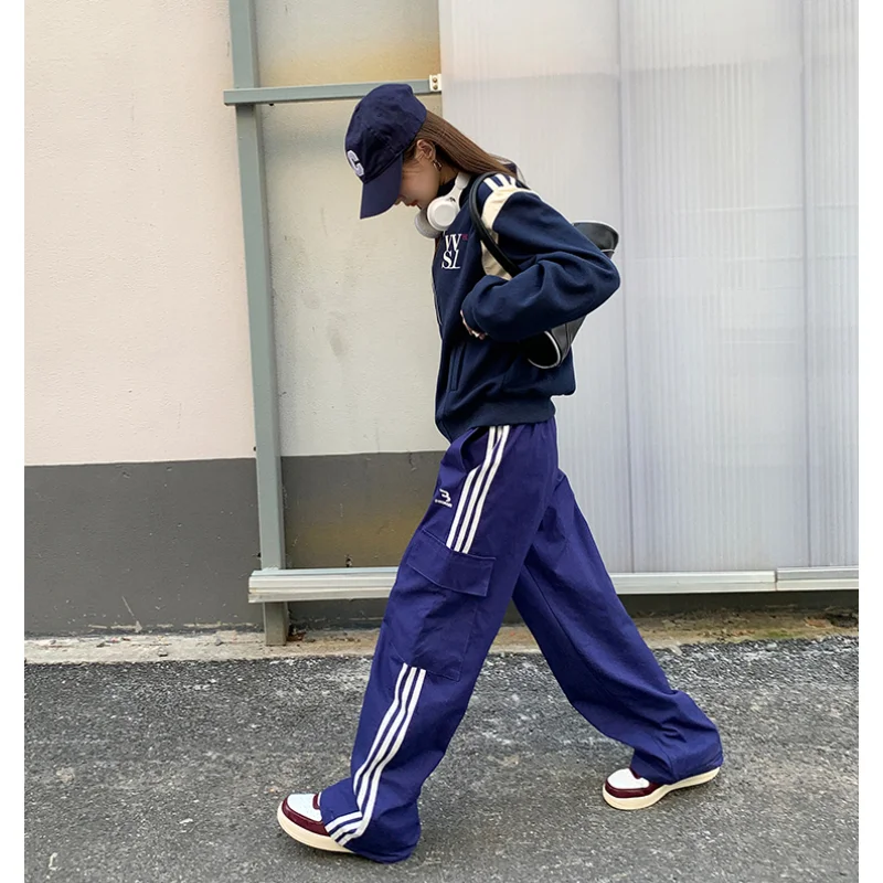 

Women's Bottoms Blue Stripe Sweatpants Fashion High Waist Straight Pants Casual Baggy American Summer Female Wide Leg Trouser