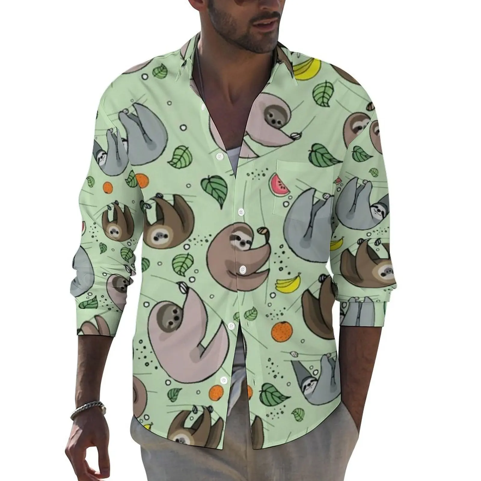 

Cartoon Sloth Stylish Casual Shirt Men Happy Sloths Leaves Print Shirt Spring Cool Blouses Long Sleeve Pattern Oversized Clothes