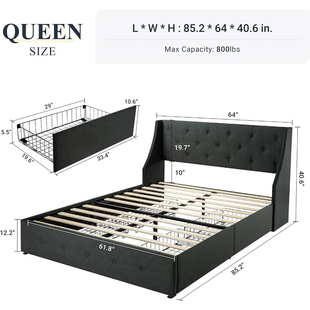 Queen Bed Frame with 4 Storage Drawers and Wingback Headboard, Button Tufted Design, No Box Spring Needed, Dark Grey  bedframe