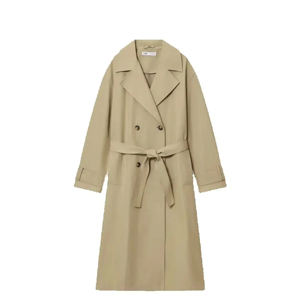 

Women's Seam Loose Coat with Collar Long Sleeve Button and Belt Pocket Autumn and Winter New Style Windbreaker Coat