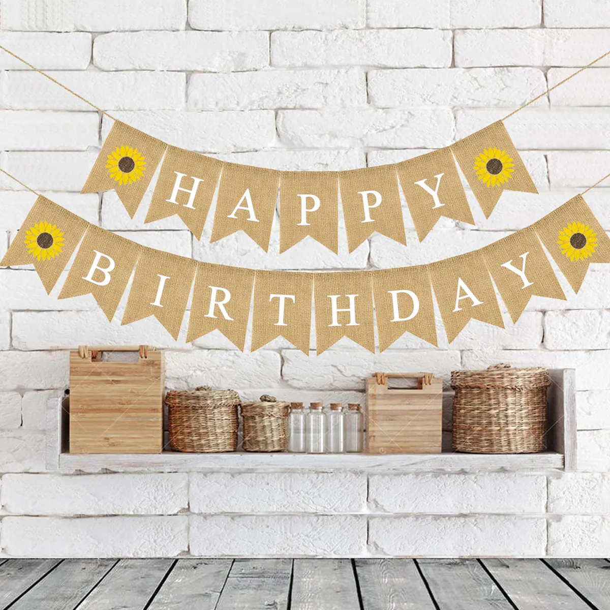 Party Burlap Banner Linen Birthday Swallowtail Pull Flag Decorative Happy Birthday Sunflower Bunting Banner Pull Flag