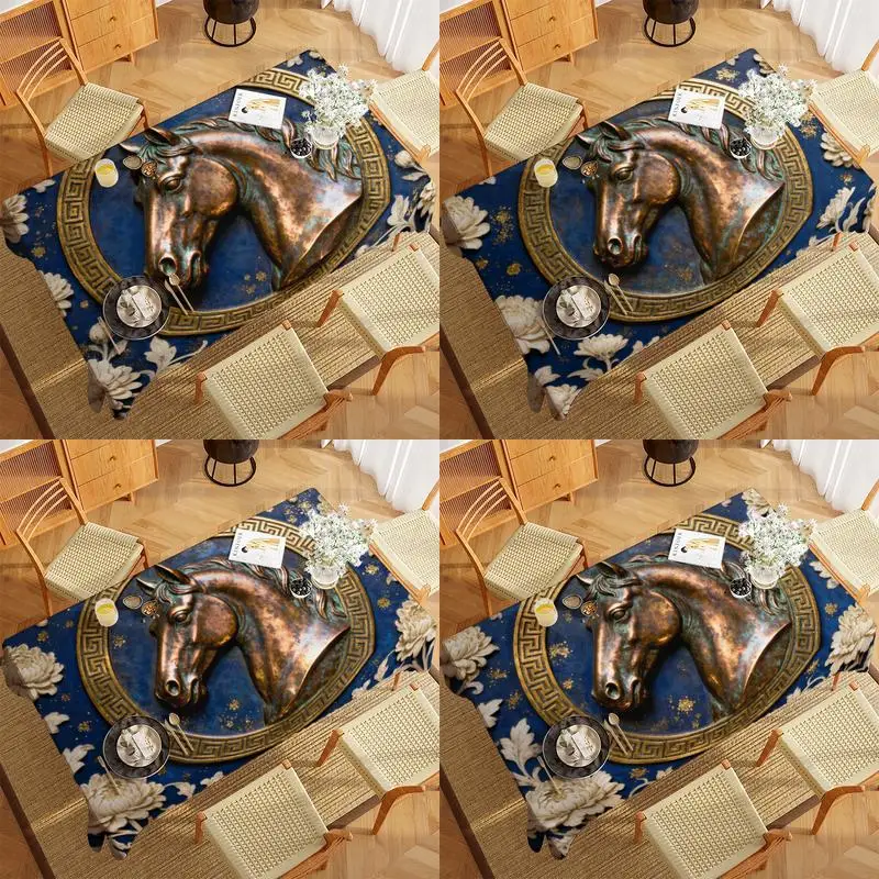 2D Bronze Horse Pattern Tablecloth Restaurant Kitchen Tablecloth Living Room Home Decoration Rectangular Party Decoration