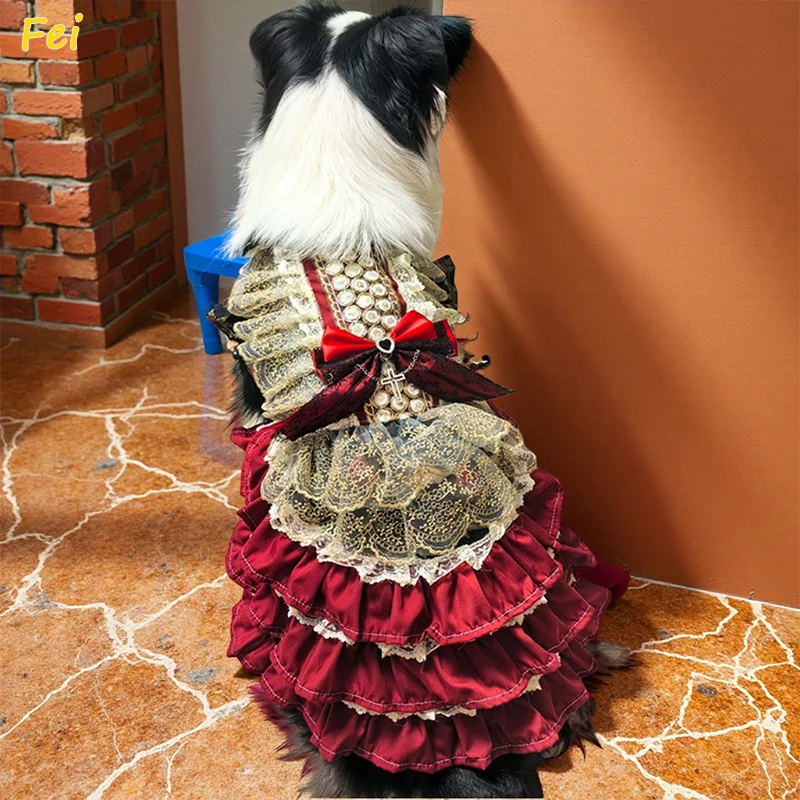 

Retro Palace Style Pet Dog Clothes Luxury Handmade Crytal Cross Bow Princess Dresses For Small Medium Dog Poodle outfits puppy