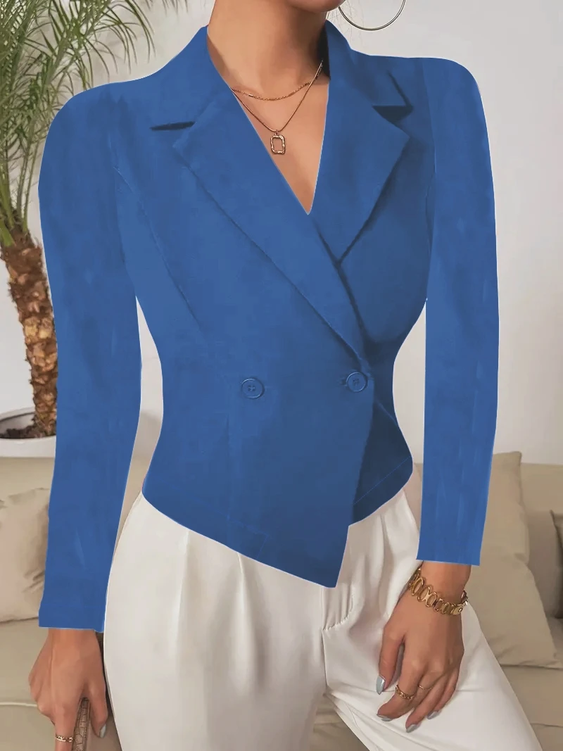 Tailored Double Breasted Blazer Long Sleeve Asymmetric Hem Office Workwear Jacket for Women
