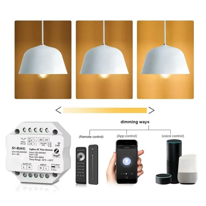 A08F-S1-B Tuya Zigbee RF AC Triac Dimmer LED Controller Push Switch Control 110V 220V 230V Smart Life APP For Alexa Assistant