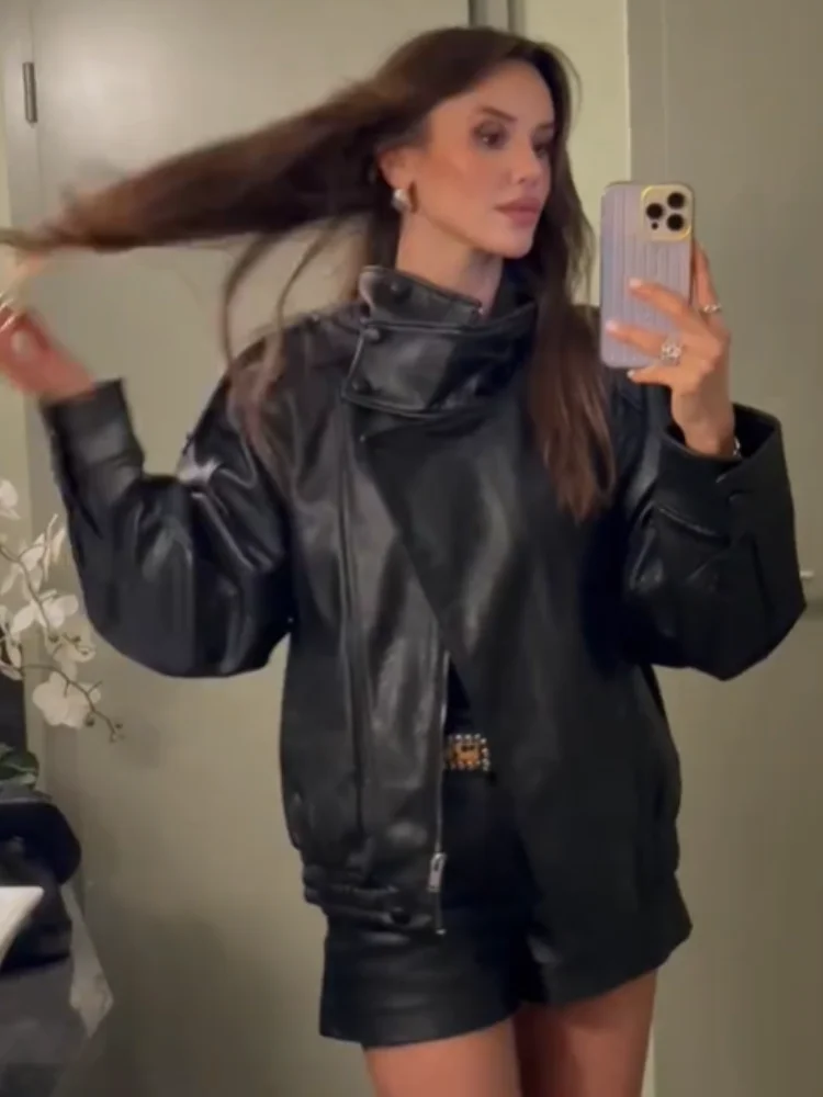 Street Belt Leather Women's Jacket Full Sleeve Double Breasted Lapel Female Coat 2025 Autumn Fashion Pu Loose Lady Outwear