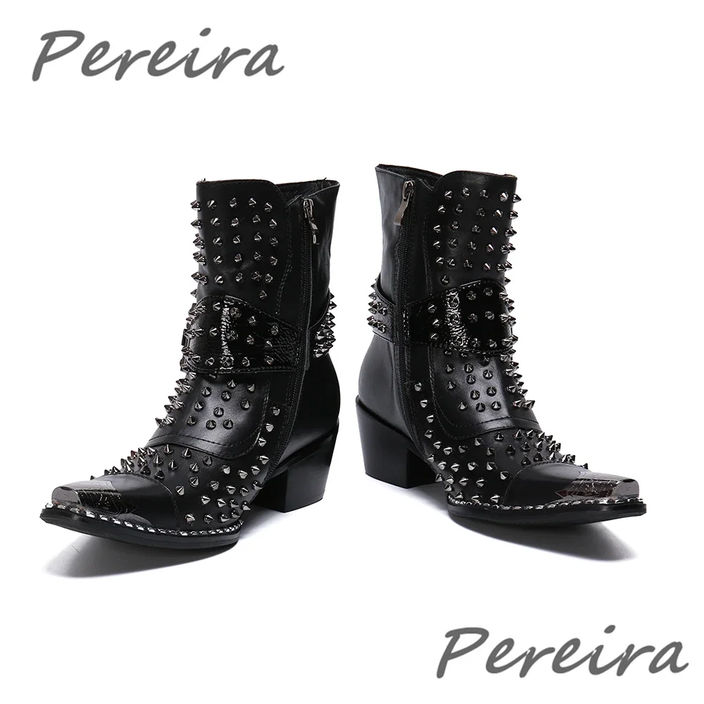 Embroidery Rivet High Heel Chelsea Boots for Men Metal Pointy Toe Luxury Crystal Buckle Knight Boots Genuine Leather Men\'s Shoes