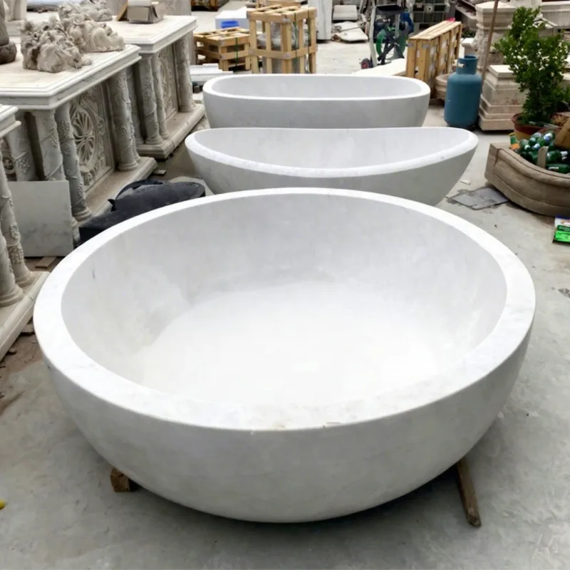Large European outdoor round stone freestanding soaking bathtub white marble bathroom bathtub