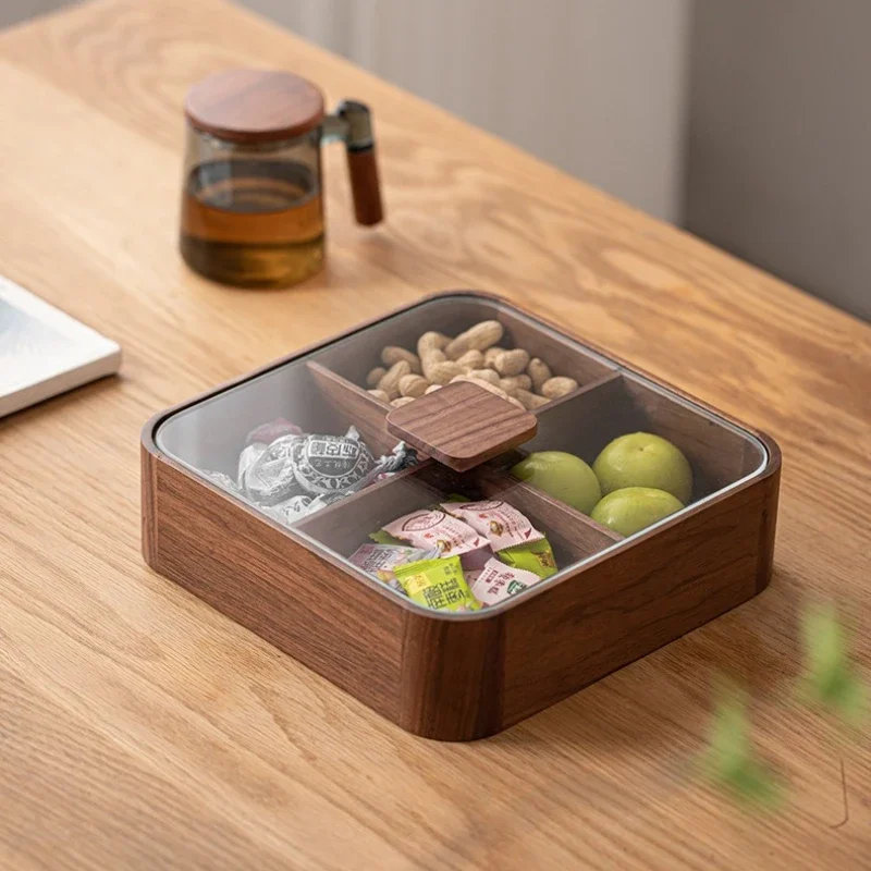 Black Walnut New Chinese Style Fruit Plate with Lid Four Grid Candy Snack Box Home Storage Light Luxury Compartment