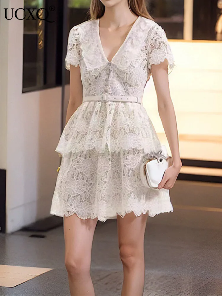 

UCXQ Elegant Party Dress Hotsweet Lace Belt Waist V-Neck Beading Office Lady Fashion Short Dresses Women 2024 Spring Summer 9486