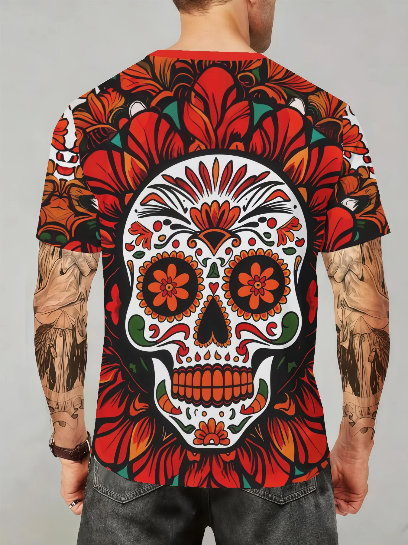 Herren-T-Shirt mit mexikanischem Zuckerschädel-Blumendruck, roter Rundhalsausschnitt, lässiges Oberteil für den Tag der Toten – Detail 3