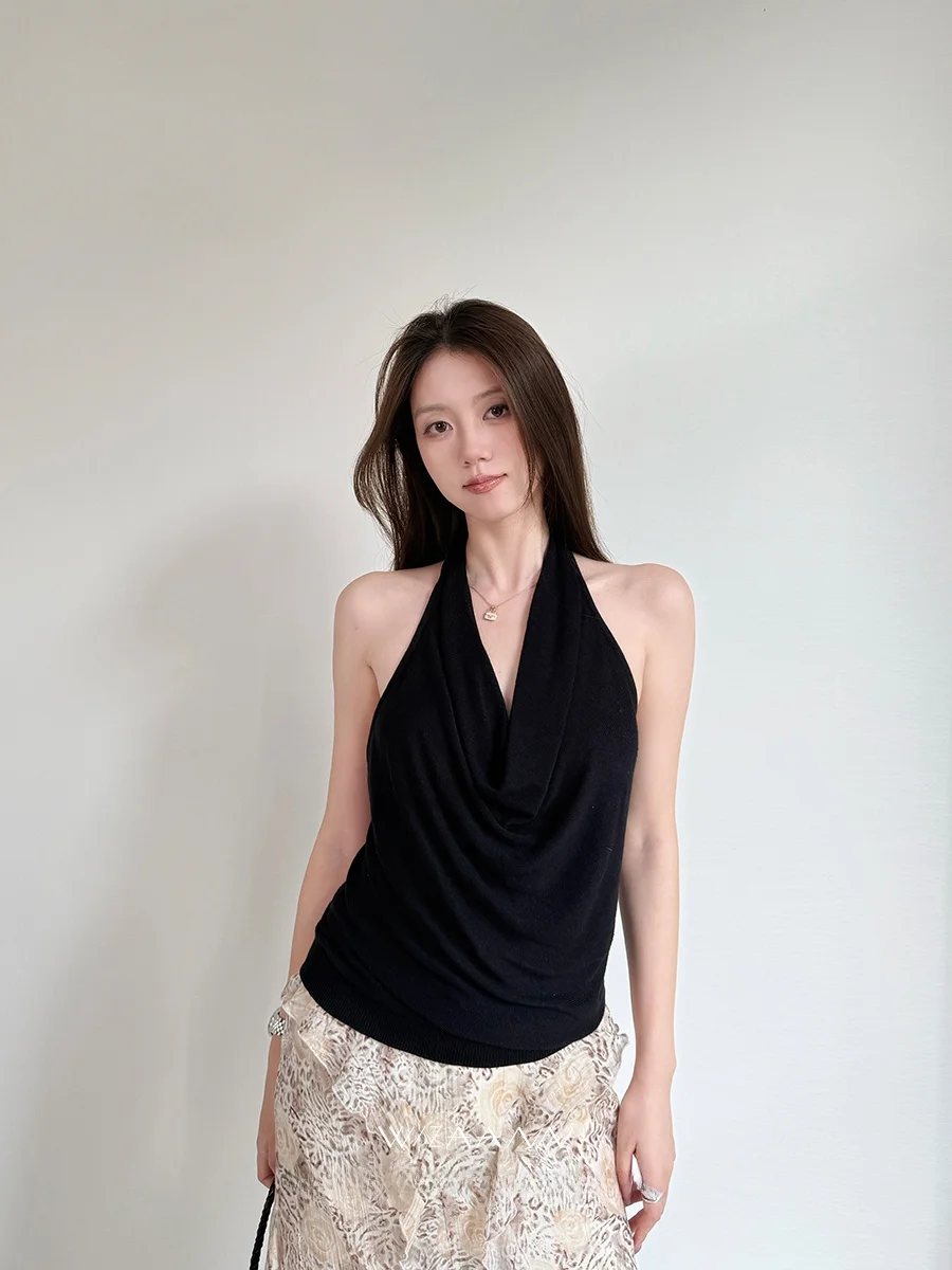 

WizAann Chic Bla Strapl Vest Women's Summer Top Ele Simple Sle V-Ne Svel Thin Polyester Blend Casual Wear