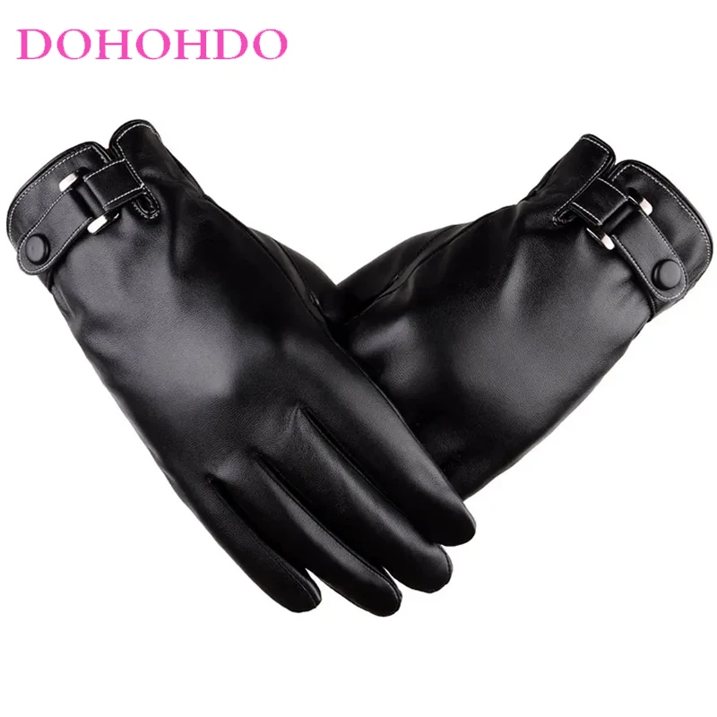 قفازات جلدية سوداء تعمل باللمس للرجال في الخريف والشتاء بالإضافة إلى قفازات ركوب الدراجات النارية من الجلد المقلد المخملي #1