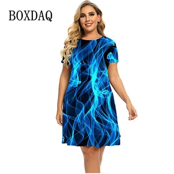 الأزرق لهب ثلاثية الأبعاد فستان الطباعة المتضخم قصيرة الأكمام س الرقبة فستان فضفاض فام موضة فستان قصير غير رسمي حجم كبير النساء الملابس