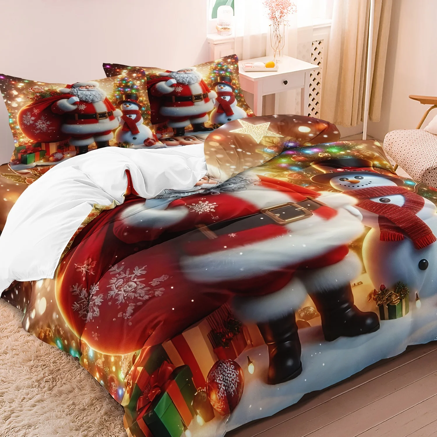 3pcs Christmas Santa Snowman Duvet Cover Set, Festive Night Scene Santa Cute Snowman  Bedding, Wrapped Gifts and Ornament Balls