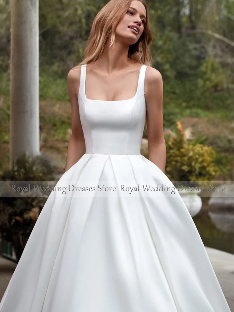 Satin Wedding Dresses White Tank Backless A Line Elegant Women\'s Gowns with Pockets Sleeveless Simple Bridal Dress Long