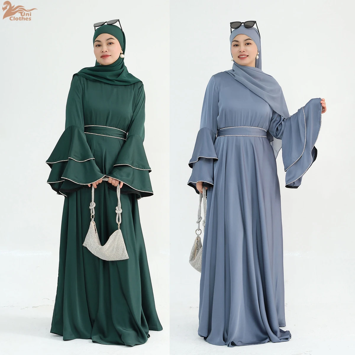 

Uni 2025 Роскошные скромные женские мусульманские платья Абая, двухслойные рукава-колокольчики с кристаллами для EID Ramadan